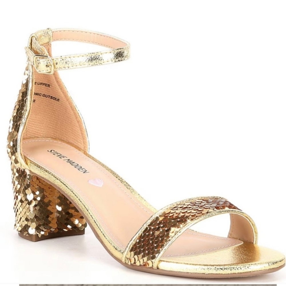 New Steve Madden Gold Sequin Block Heel Dress Sandals (Youth) Size 6